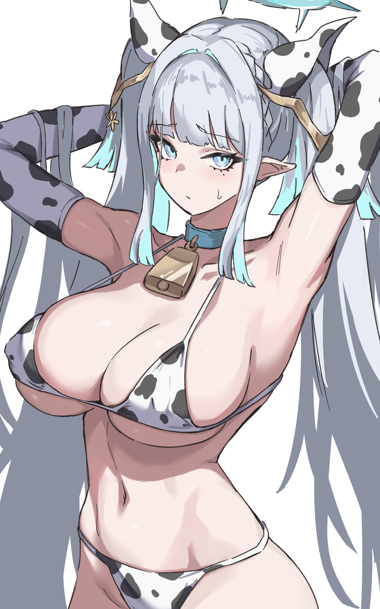 usa bunny, bois belleau (azur lane), azur lane, highres, animal ears, animal print, aqua eyes, armpits, arms behind head, arms up, bell, bikini, breasts, choker, collarbone, cow ears, cow print, cow print bikini, cowbell, detached sleeves, extra ears, fake animal ears, hair ornament, large breasts, long hair, looking at viewer, mole, mole under eye, multicolored hair, navel, neck bell, pointy ears, print bikini, simple background, sweatdrop, swimsuit, two-tone hair, very long hair, white hair