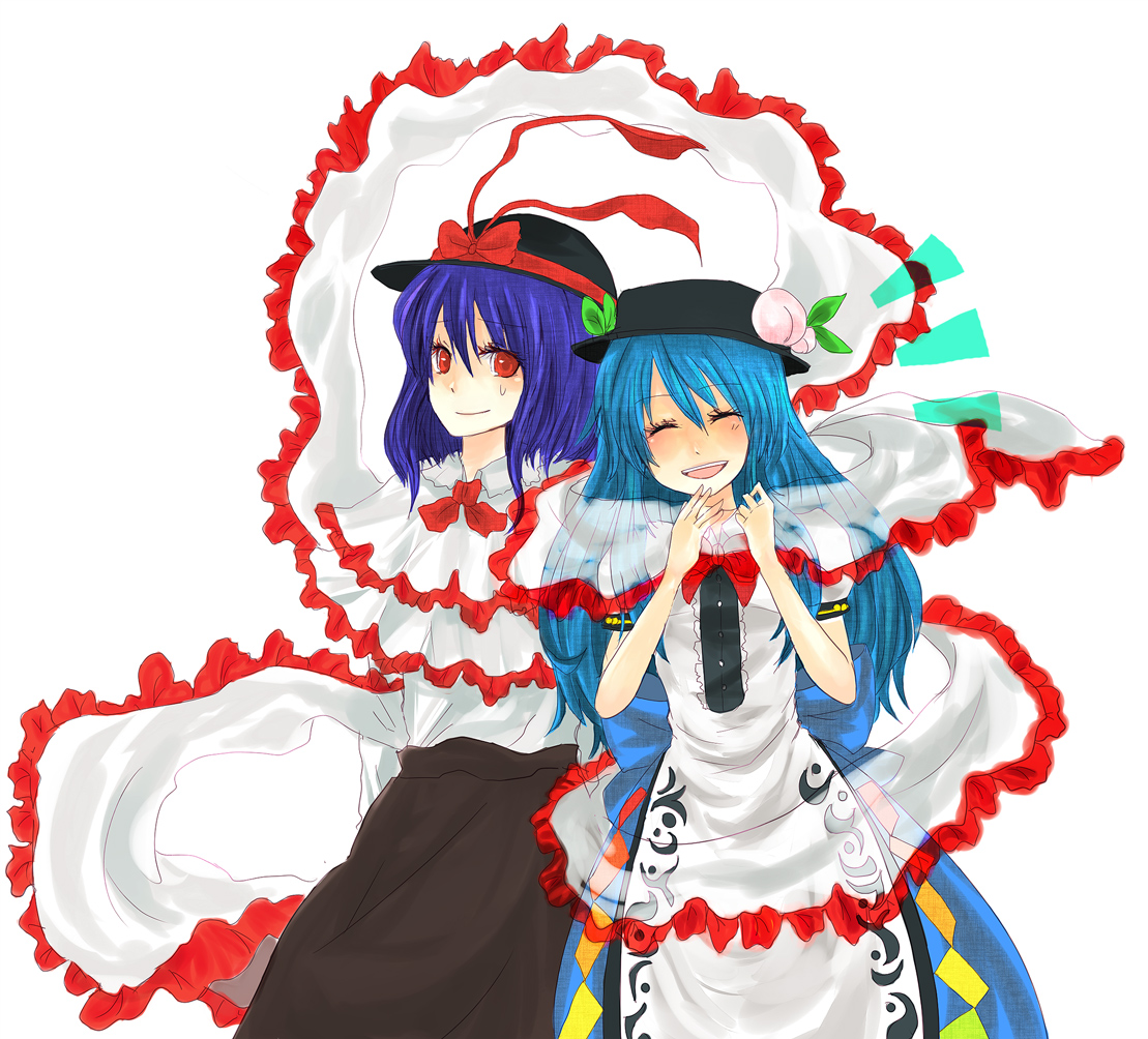 chiri (o9o9), hinanawi tenshi, nagae iku, touhou, bad id, bad pixiv id, 2girls, capelet, female focus, food, fruit, hat, multiple girls, peach, red eyes