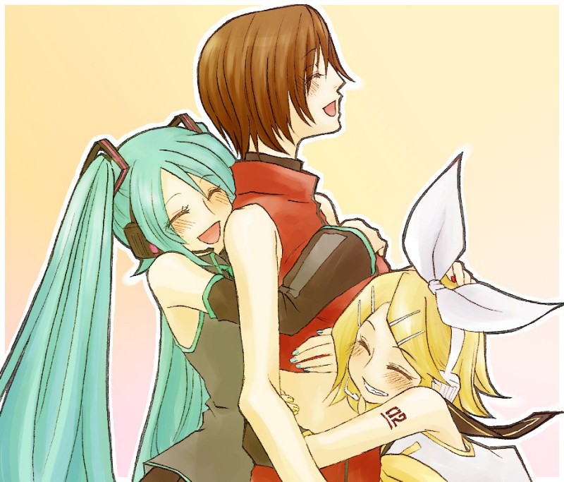 hatsune miku, kagamine rin, meiko (vocaloid), vocaloid, bad id, bad pixiv id, blonde hair, brown hair, green hair, hug, short hair, twintails