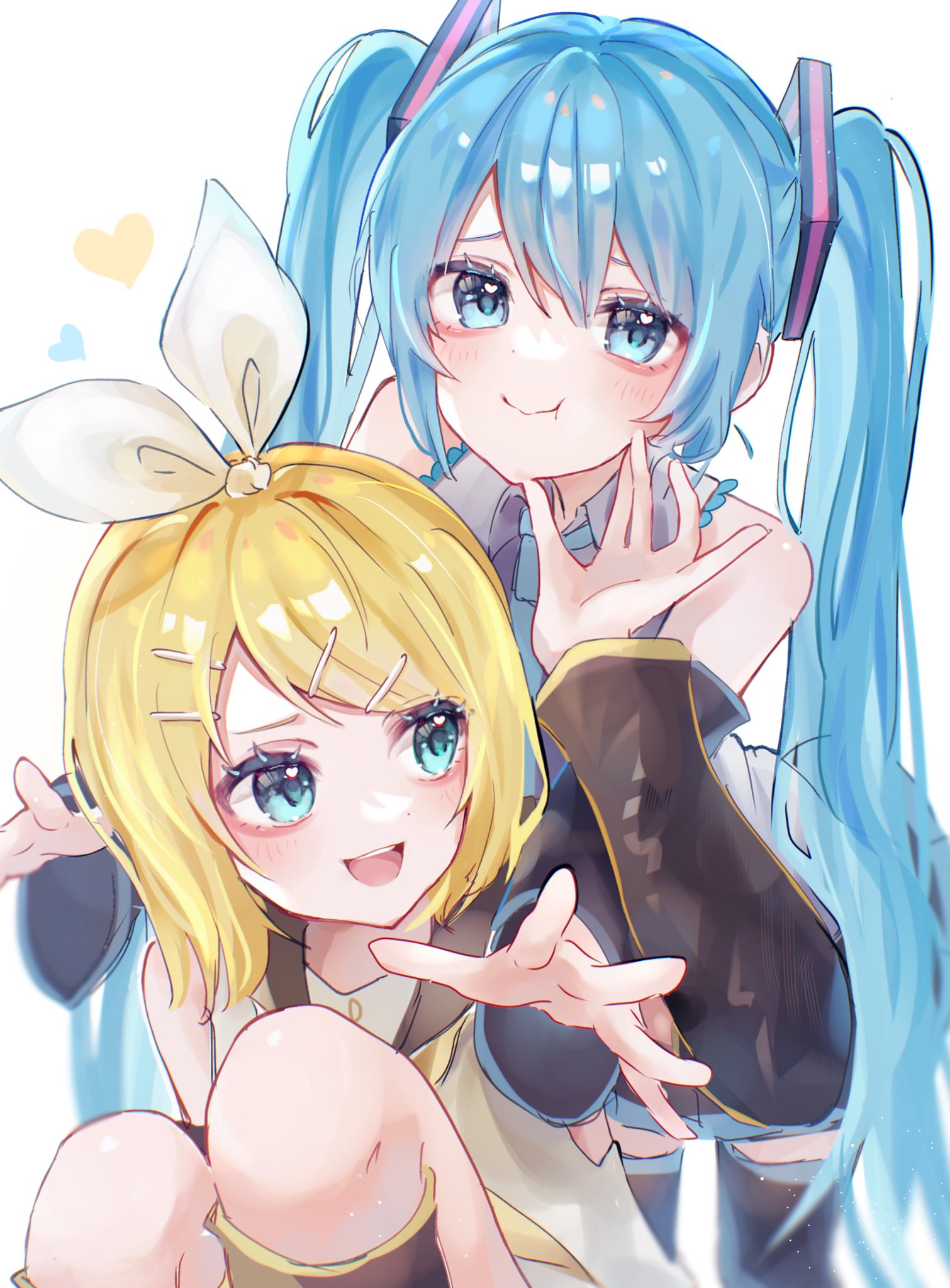 r aa3n, hatsune miku, kagamine rin, vocaloid, highres, 2girls, black sleeves, black thighhighs, blonde hair, blue eyes, blue hair, cowboy shot, detached sleeves, dot nose, grey shirt, hair between eyes, hair ornament, hair ribbon, hairclip, heart, heart in eye, leaning, leaning forward, light blush, long hair, looking at viewer, multiple girls, open mouth, parallel hairclips, parted bangs, reaching, reaching towards another, ribbon, shirt, short hair, simple background, sitting, sleeveless, sleeveless shirt, smile, symbol in eye, thighhighs, twintails, wavy mouth, white background, white ribbon, white shirt, wide sleeves