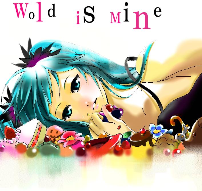 tate (artist), tate (donnguriumai), hatsune miku, vocaloid, world is mine (vocaloid), bad id, bad pixiv id, 1girl, english text, engrish text, female focus, food, green eyes, green hair, matching hair/eyes, ranguage, solo, sweets