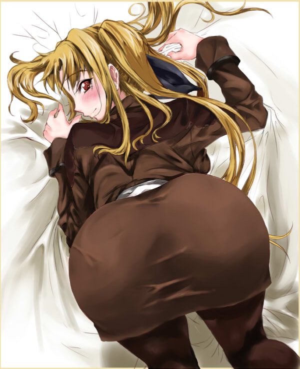 ankoku emu shougun, fate testarossa, lyrical nanoha, mahou shoujo lyrical nanoha, mahou shoujo lyrical nanoha strikers, bad id, bad pixiv id, 00s, 1girl, ass, bed, blonde hair, blush, female focus, looking back, pantyhose, pantylines, red eyes, smile, solo, top-down bottom-up