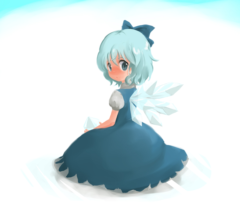 ica, cirno, touhou, bad id, bad pixiv id, 1girl, blue eyes, blue hair, dress, female focus, gradient background, ice, matching hair/eyes, short hair, solo, white background, wings