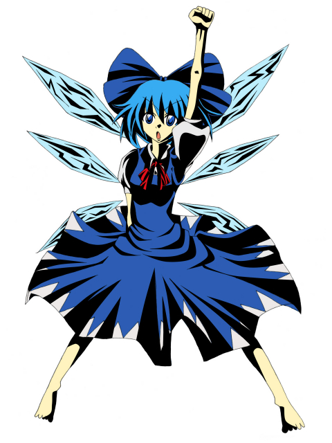 cirno, embodiment of scarlet devil, touhou, 1girl, bad anatomy, barefoot, blue eyes, blue hair, clenched hand, female focus, full body, matching hair/eyes, poorly drawn, raised fist, simple background, solo, standing, white background, wings