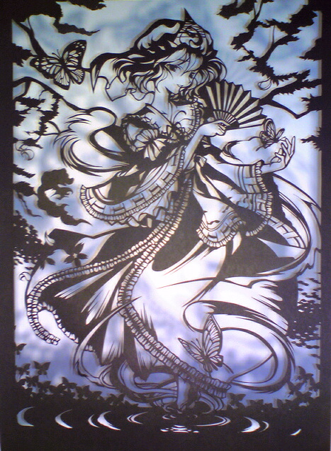 tsubameyado, saigyouji yuyuko, touhou, traditional media, 1girl, bug, butterfly, female focus, floating, folding fan, full body, gradient background, hand fan, hat, insect, kirigami, monochrome, ripples, solo