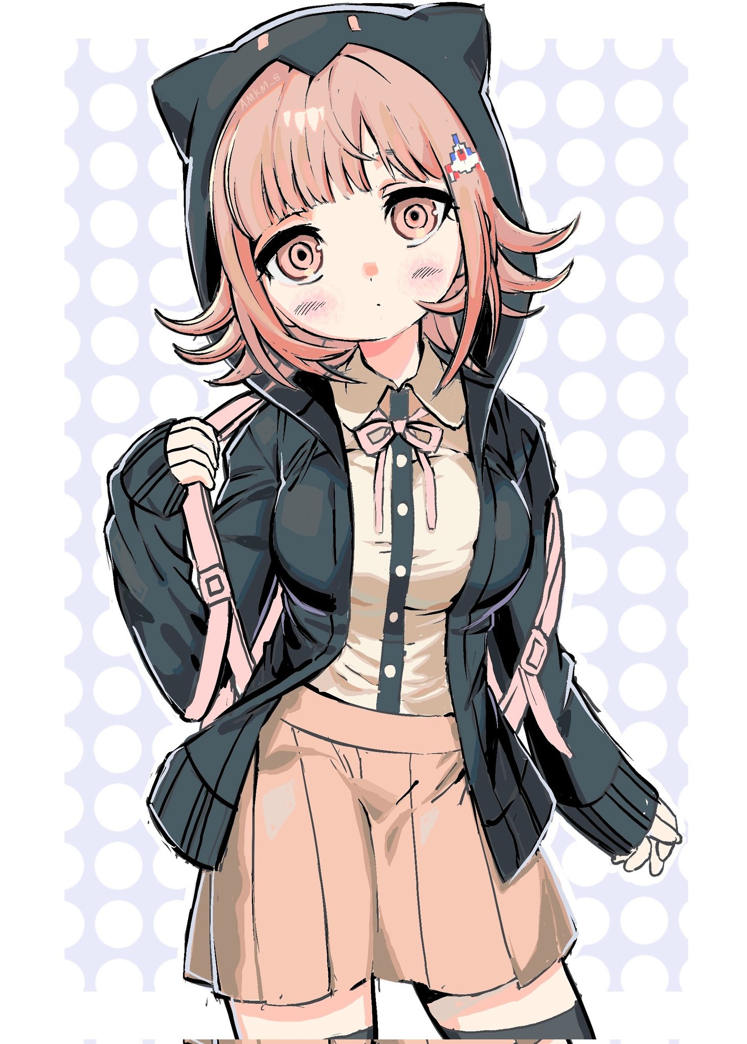amkm 8, nanami chiaki, danganronpa (series), danganronpa 2: goodbye despair, highres, 1girl, backpack, bag, blush, breasts, brown hair, collared shirt, flipped hair, hair ornament, hood, jacket, long sleeves, looking at viewer, medium hair, neck ribbon, open clothes, open jacket, pink eyes, pink ribbon, ribbon, shirt, shirt tucked in, skirt, solo, thighhighs, white background, white shirt
