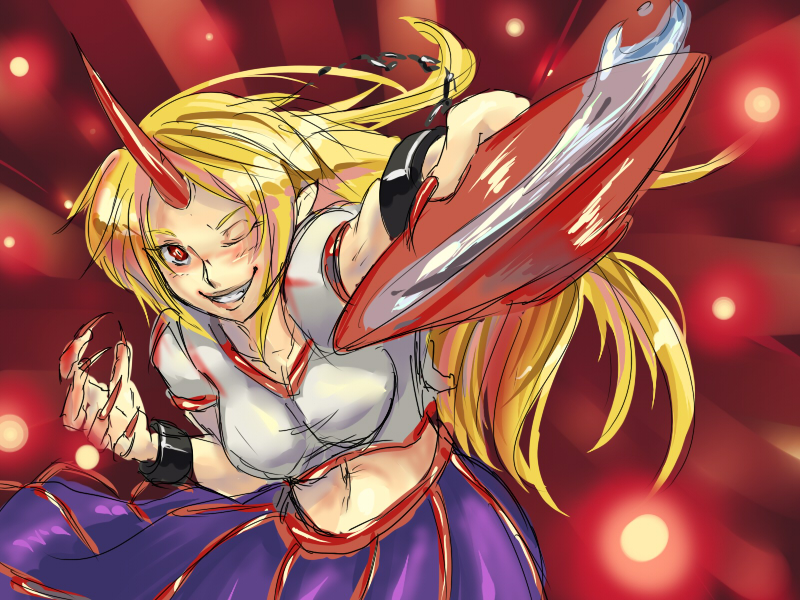 aryus, hoshiguma yuugi, touhou, bad id, bad pixiv id, 1girl, alcohol, blonde hair, cup, female focus, fingernails, horns, long fingernails, long hair, midriff, nail (hardware), one eye closed, red eyes, sakazuki, sake, single horn, solo, wink