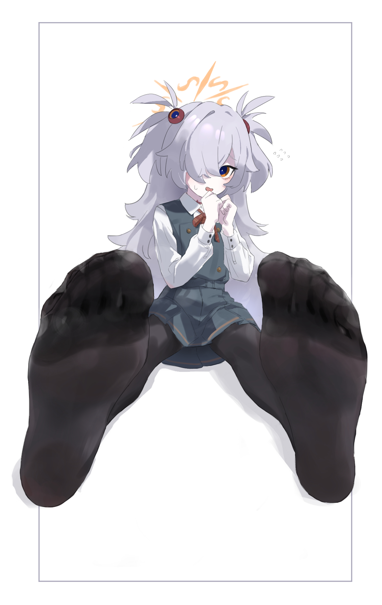 kanoe (blue archive), blue archive, highres, 1girl, black pantyhose, brown eyes, brown halo, feet, foot focus, foreshortening, full body, grey hair, hair ornament, hair over one eye, halo, long hair, long sleeves, looking at viewer, no shoes, one eye covered, open mouth, pantyhose, qqqpqingping, shirt, simple background, sitting, skirt, soles, solo, toes, vest, white background