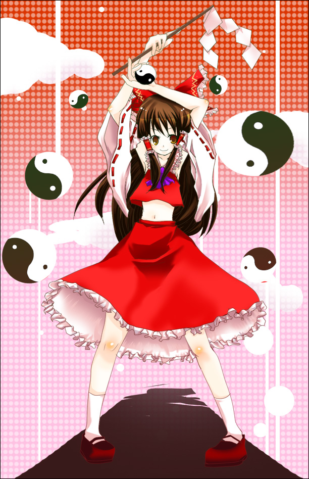 shio (tsumiki asobi), hakurei reimu, touhou, bad id, bad pixiv id, 1girl, female focus, full body, gohei, gradient background, japanese clothes, miko, navel, skirt, sky, solo, yin yang, yingyang orb