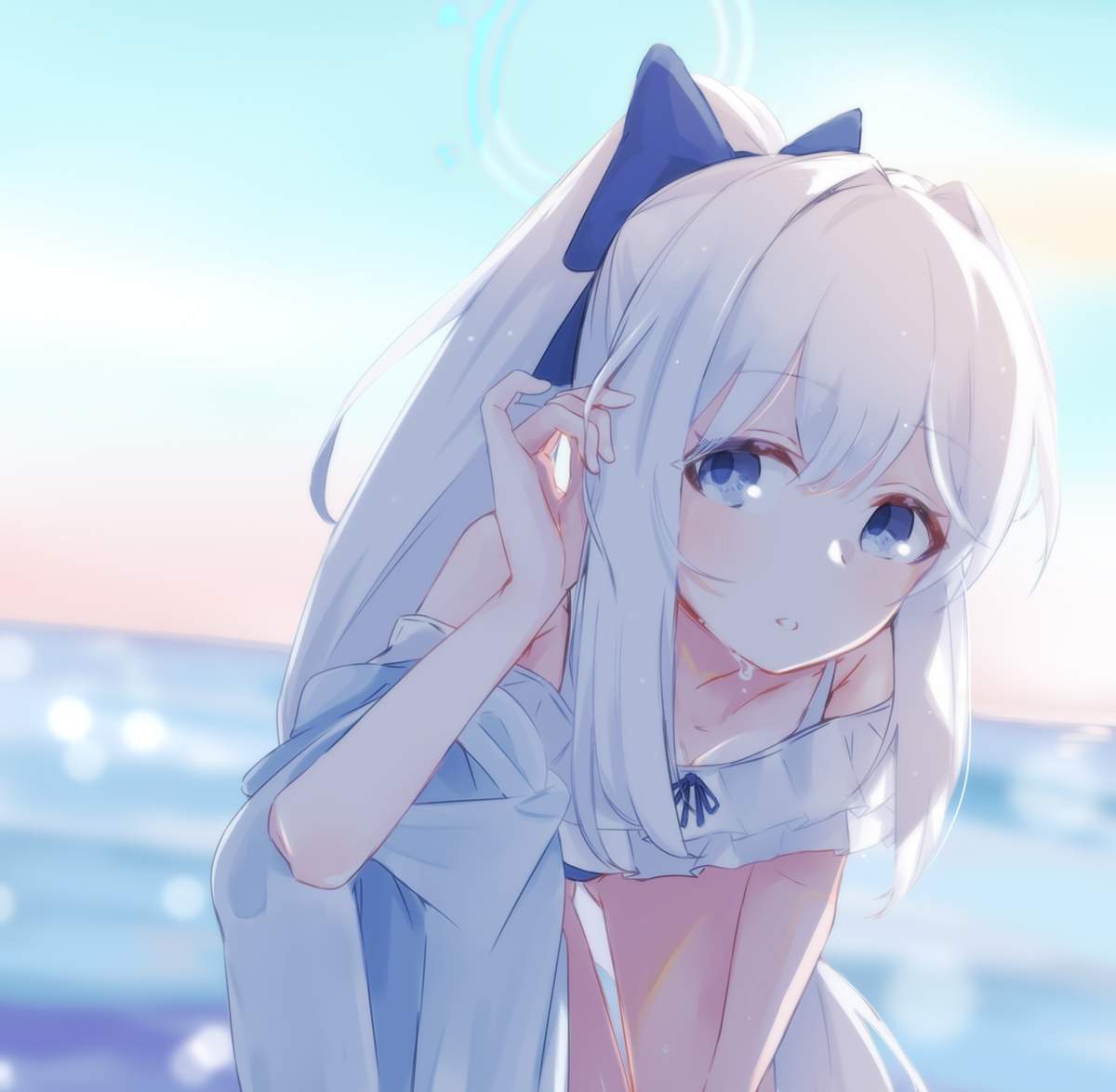 alakoala, miyako (blue archive), miyako (swimsuit) (blue archive), blue archive, commentary request, blue bow, blue eyes, blue halo, blue one-piece swimsuit, blue sky, blush, bow, breasts, cleavage, cloud, collarbone, cowboy shot, double-parted bangs, dutch angle, frilled one-piece swimsuit, frills, gradient sky, hair between eyes, hair bow, halo, horizon, leaning forward, long hair, looking at viewer, ocean, official alternate costume, one-piece swimsuit, open mouth, orange sky, ponytail, sidelocks, sky, swimsuit, very long hair, water, white hair
