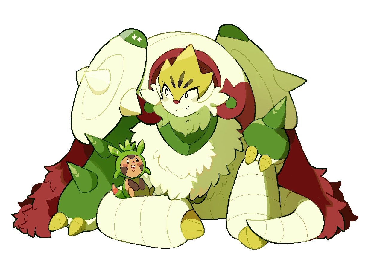 sleepy cheeky, chesnaught, chespin, mega chesnaught, nintendo, pokemon, commentary, english commentary, blush, claws, closed mouth, gen 6 pokemon, hand on own knee, looking at another, looking to the side, open mouth, pokemon (creature), sitting, sitting on lap, sitting on person, smile, sparkle, spikes, tail, white background