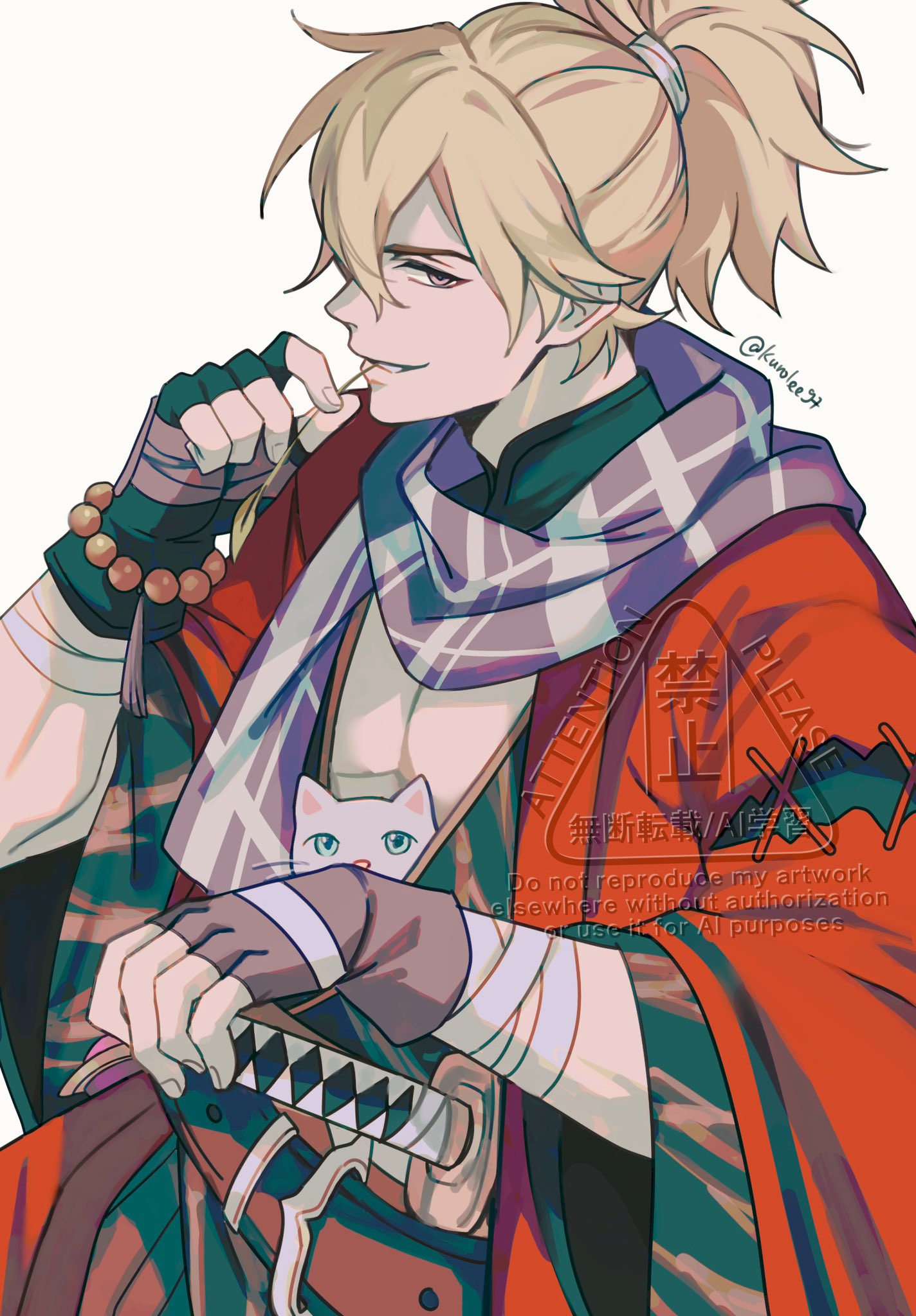 kuro lee, kazuha's friend (genshin impact), genshin impact, commentary, english commentary, highres, 1boy, black gloves, blonde hair, cat, fingerless gloves, gloves, grin, hair between eyes, katana, looking at viewer, male focus, mouth hold, pectoral cleavage, pectorals, pink eyes, ponytail, purple scarf, scarf, simple background, smile, solo, stalk in mouth, sword, twitter username, watermark, weapon, white background