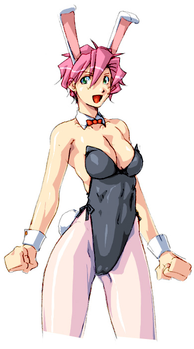 qkat, qkat (arikawa-dou), original, 1girl, animal ears, bare shoulders, black leotard, bow, bowtie, breasts, cleavage, cowboy shot, cropped legs, detached collar, fake animal ears, fake tail, female focus, green eyes, hair between eyes, large breasts, leotard, looking at viewer, medium breasts, pantyhose, pink hair, pink pantyhose, playboy bunny, rabbit ears, rabbit tail, red bow, red bowtie, short hair, simple background, sleeveless, smile, solo, standing, tail, toned, white background, wrist cuffs