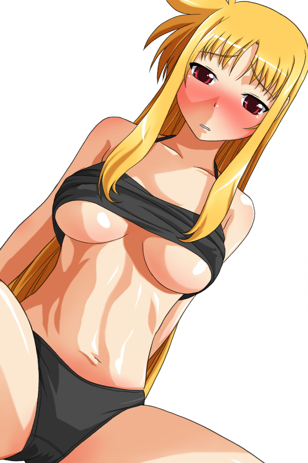 yuuki1103, fate testarossa, lyrical nanoha, mahou shoujo lyrical nanoha, mahou shoujo lyrical nanoha strikers, 00s, 1girl, blonde hair, blush, breasts, camisole, clothes lift, female focus, large breasts, long hair, midriff, panties, red eyes, shirt lift, solo, tank top, underboob, underwear