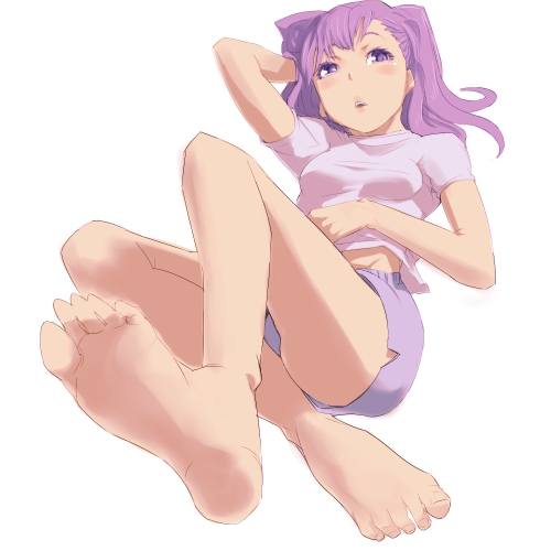 aguhari, bad id, bad pixiv id, lowres, barefoot, blush, feet, foot focus, long hair, purple eyes, purple hair, shirt, shorts, soles, solo