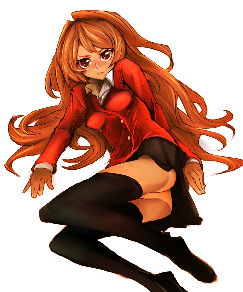aguhari, aisaka taiga, toradora!, bad id, bad pixiv id, 00s, 1girl, ass, blush, brown eyes, brown hair, curly hair, female focus, long hair, lying, no panties, simple background, skirt, solo, tan, tanline, thighhighs