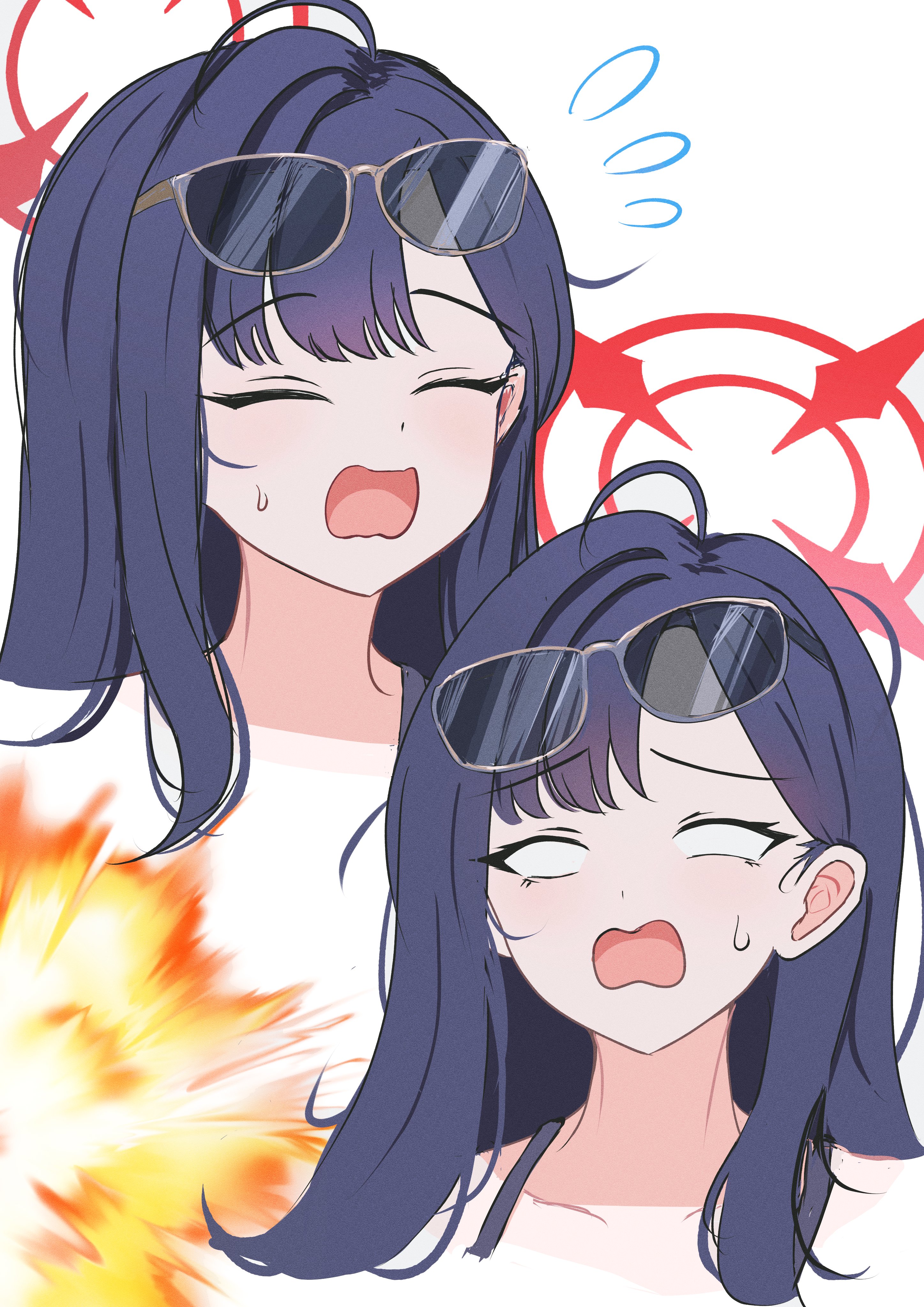 himmel gewalt, ichika (blue archive), ichika (swimsuit) (blue archive), blue archive, absurdres, highres, 1girl, ahoge, black hair, blank eyes, blush, closed eyes, collarbone, explosion, eyelashes, eyewear on head, flying sweatdrops, furrowed brow, halo, long hair, messy hair, multiple expressions, multiple views, official alternate costume, open mouth, panicking, portrait, red halo, simple background, sunglasses, sweatdrop, tsurime, unusually open eyes, wavy mouth, white background