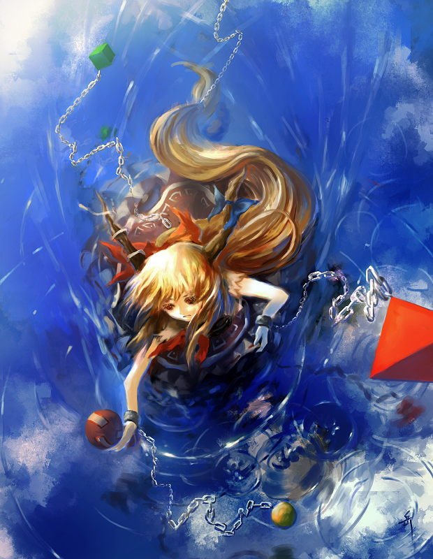 archlich, ibuki suika, touhou, 1girl, chain, female focus, from above, horns, long hair, red eyes, reflection, reflective water, ribbon, ripples, solo, very long hair, water