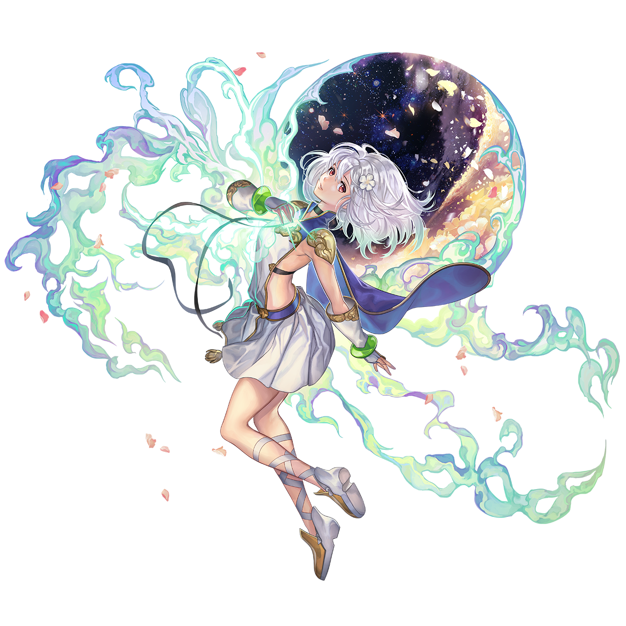 feinne (another eden), another eden, highres, official art, 1girl, arched back, armor, armpits, belt, black belt, breasts, crossed bangs, dress, flower, from side, full body, gloves, hair between eyes, hair flower, hair ornament, hand on own chest, holding, leg ribbon, looking at viewer, medium hair, open hand, open mouth, parted lips, petals, red eyes, ribbon, shoes, shoulder armor, sidelocks, simple background, solo, space, tachi-e, transparent background, white dress, white flower, white gloves, white hair, white ribbon, white shoes