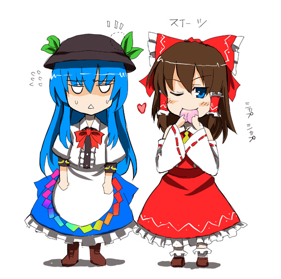 gotyou, hakurei reimu, hinanawi tenshi, touhou, bad id, bad pixiv id, 2girls, blue hair, chibi, eating, female focus, food, fruit, hat, holding, holding food, holding fruit, japanese clothes, long hair, miko, multiple girls, one eye closed, peach, ribbon, wink