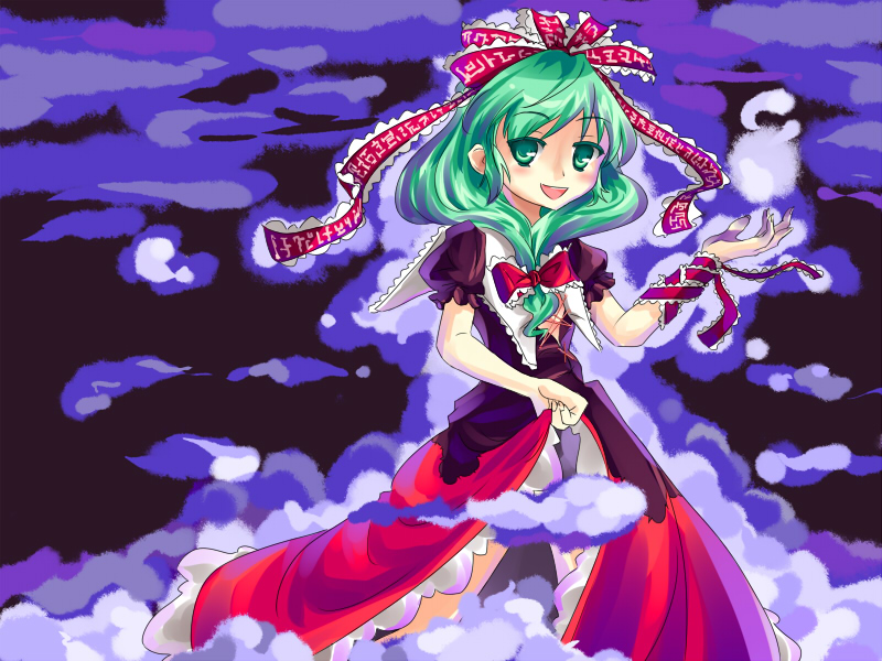 tsuru piko, turupiko, kagiyama hina, touhou, 1girl, female focus, front ponytail, green hair, long hair, ribbon, solo