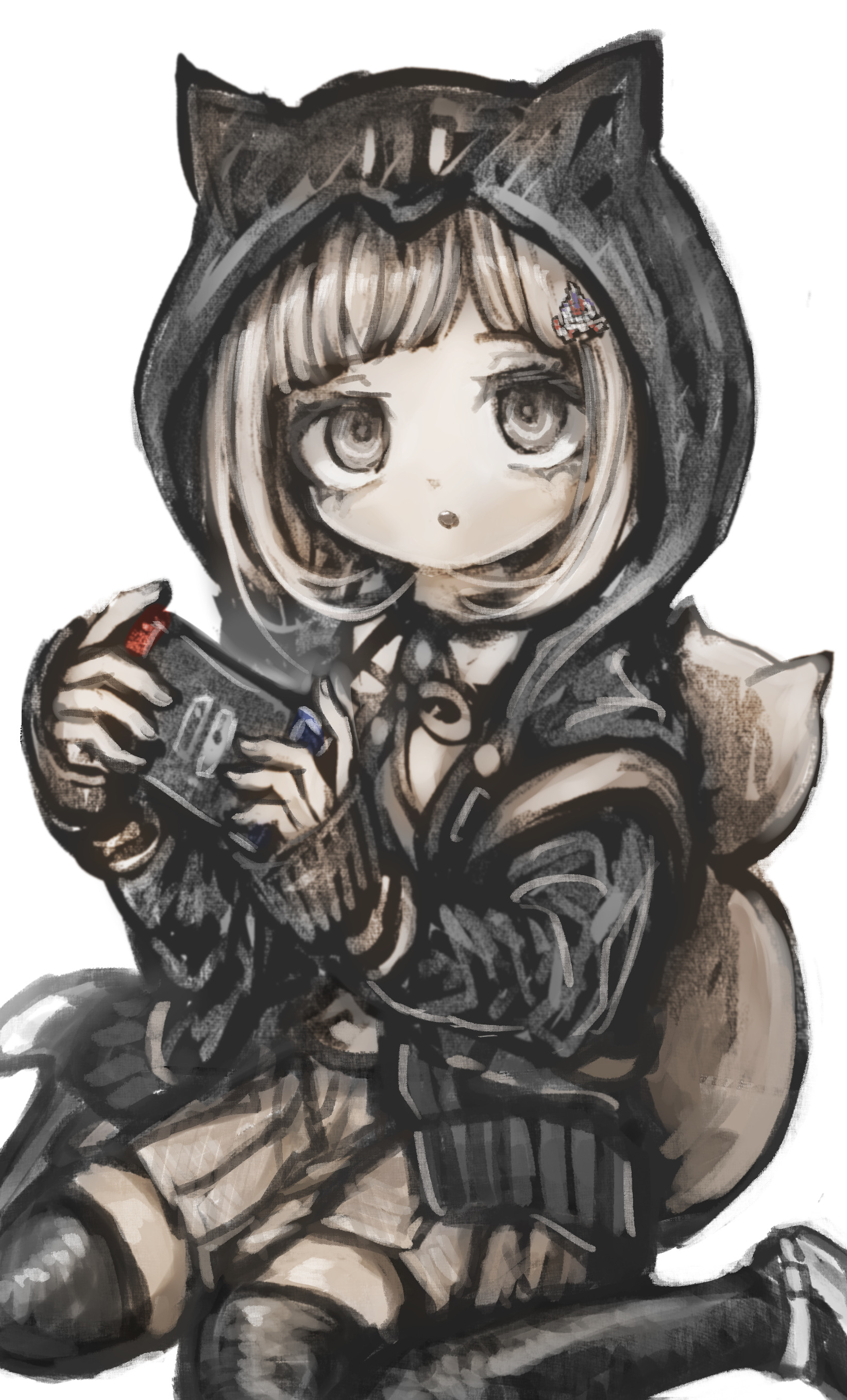 tsukihi shida, nanami chiaki, danganronpa (series), danganronpa 2: goodbye despair, absurdres, highres, 1girl, breasts, brown hair, collared shirt, flipped hair, hair ornament, handheld game console, holding, holding handheld game console, hood, jacket, long sleeves, looking at viewer, medium hair, neck ribbon, open clothes, open jacket, pink eyes, pink ribbon, pleated skirt, ribbon, shirt, skirt, solo, thighhighs, white shirt