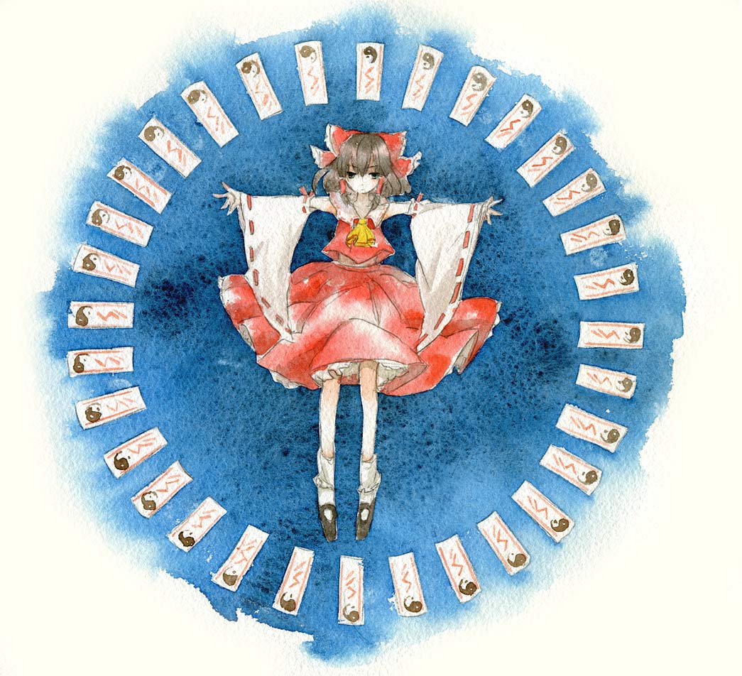 sugi, hakurei reimu, touhou, bad id, bad pixiv id, painting (medium), traditional media, watercolor (medium), 1girl, female focus, full body, japanese clothes, miko, ribbon, solo