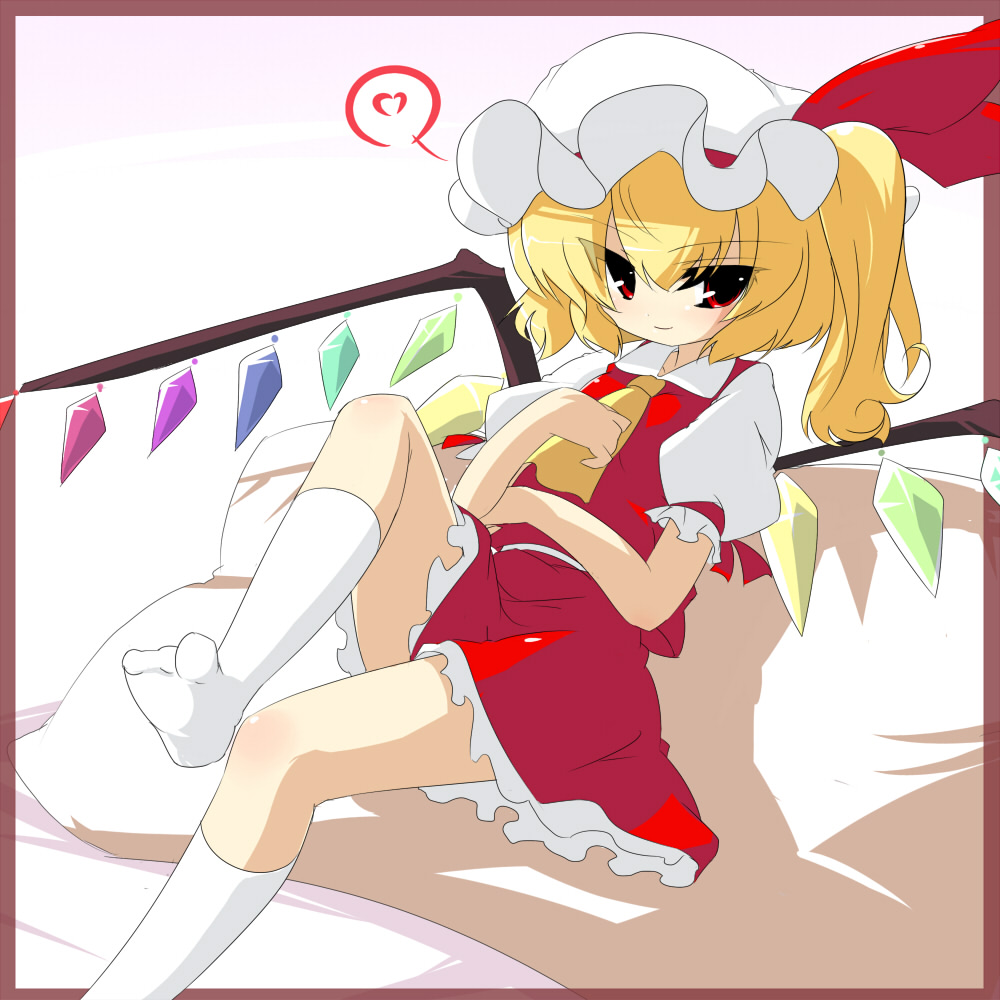 oka (bananashoe), flandre scarlet, touhou, 1girl, blonde hair, feet, female focus, hat, heart, legs, lying, mob cap, ponytail, ribbon, short hair, socks, solo, thighhighs, white background, wings