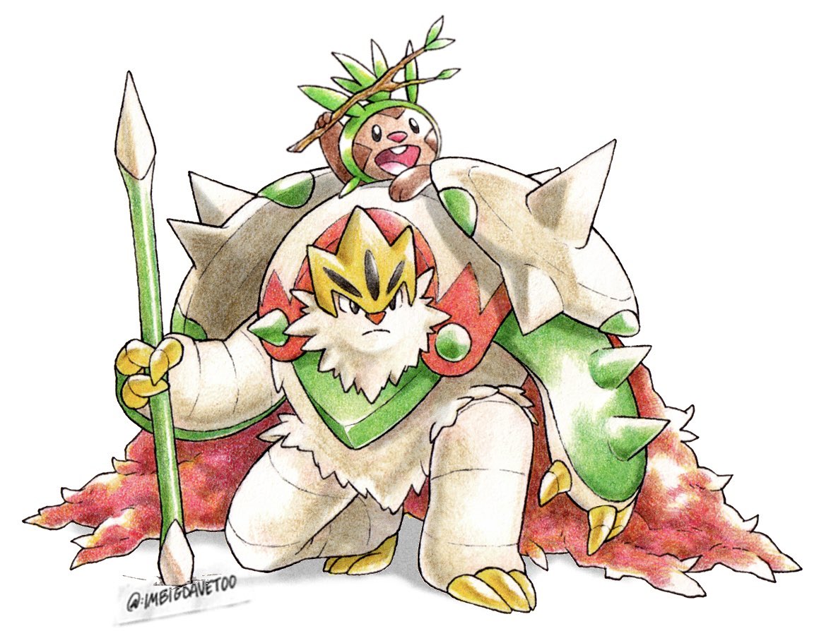 imbigdavetoo, chesnaught, chespin, mega chesnaught, nintendo, pokemon, commentary, english commentary, traditional media, artist name, buck teeth, claws, closed mouth, gen 6 pokemon, holding, holding polearm, holding stick, holding weapon, looking to the side, no humans, on one knee, open mouth, pokemon (creature), polearm, spikes, stick, teeth, weapon, white background