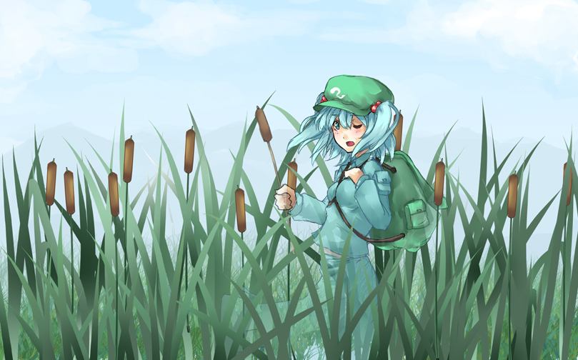ofuro mantarou, kawashiro nitori, touhou, bad id, bad pixiv id, 1girl, bag, blue hair, female focus, hat, short hair, solo, two side up