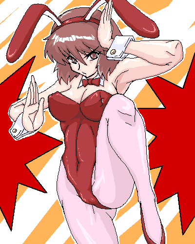 acid (acid-field), acid (artist), bad id, bad pixiv id, lowres, 1girl, animal ears, brown hair, cameltoe, fake animal ears, female focus, fighting stance, leg lift, leotard, oekaki, pantyhose, playboy bunny, rabbit ears, short hair, solo