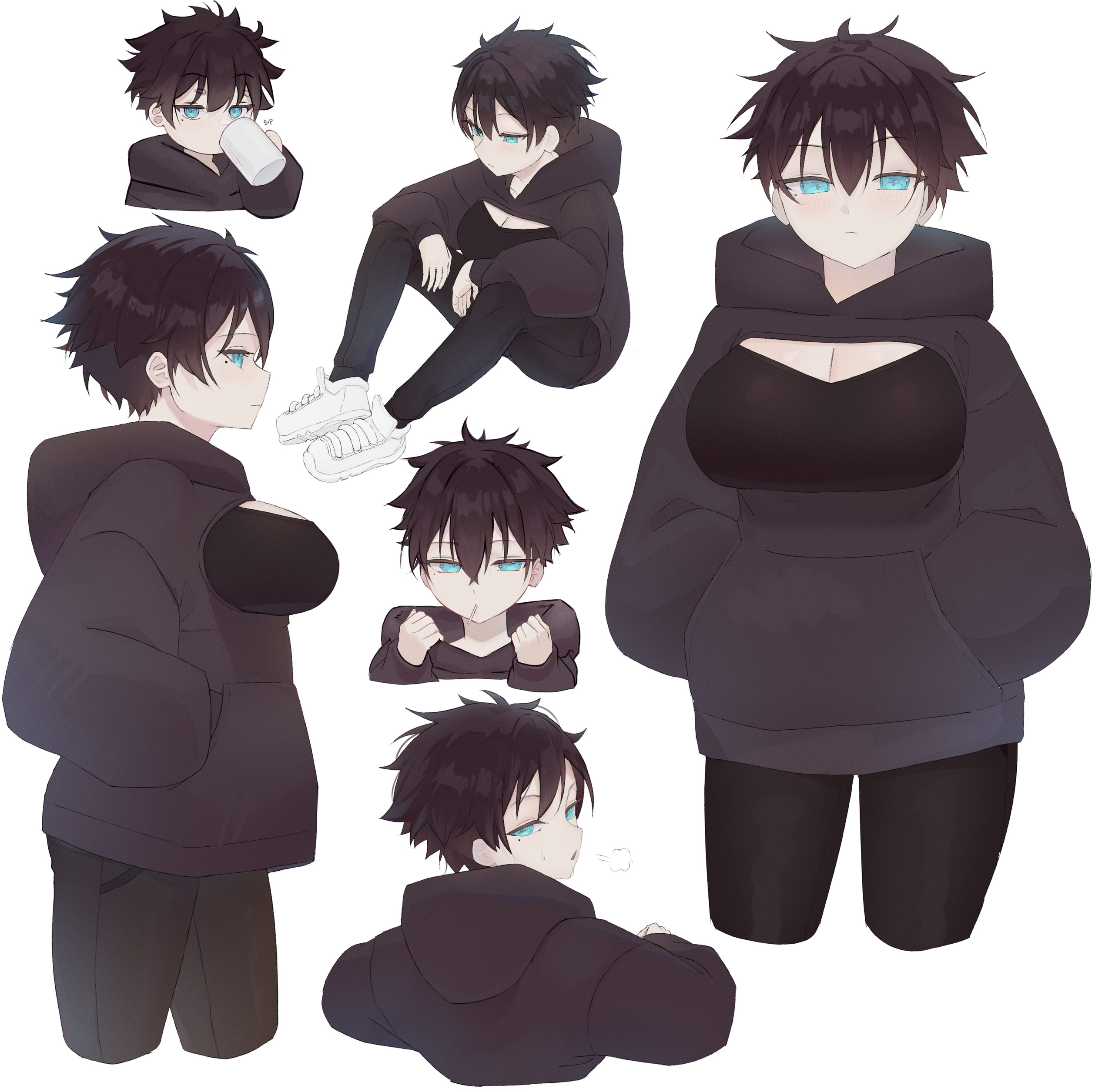 uurateru, original, absurdres, commentary, highres, symbol-only commentary, 1girl, aqua eyes, black hoodie, black pants, blush, breast cutout, breasts, brown hair, cleavage, closed mouth, cropped legs, cup, drinking, from side, full body, hands in pockets, holding, holding cup, hood, hood down, hoodie, large breasts, long sleeves, looking back, mole, mole under eye, multiple views, open mouth, pants, puff of air, shoes, short hair, simple background, sitting, tomboy, very short hair, white background, white shoes