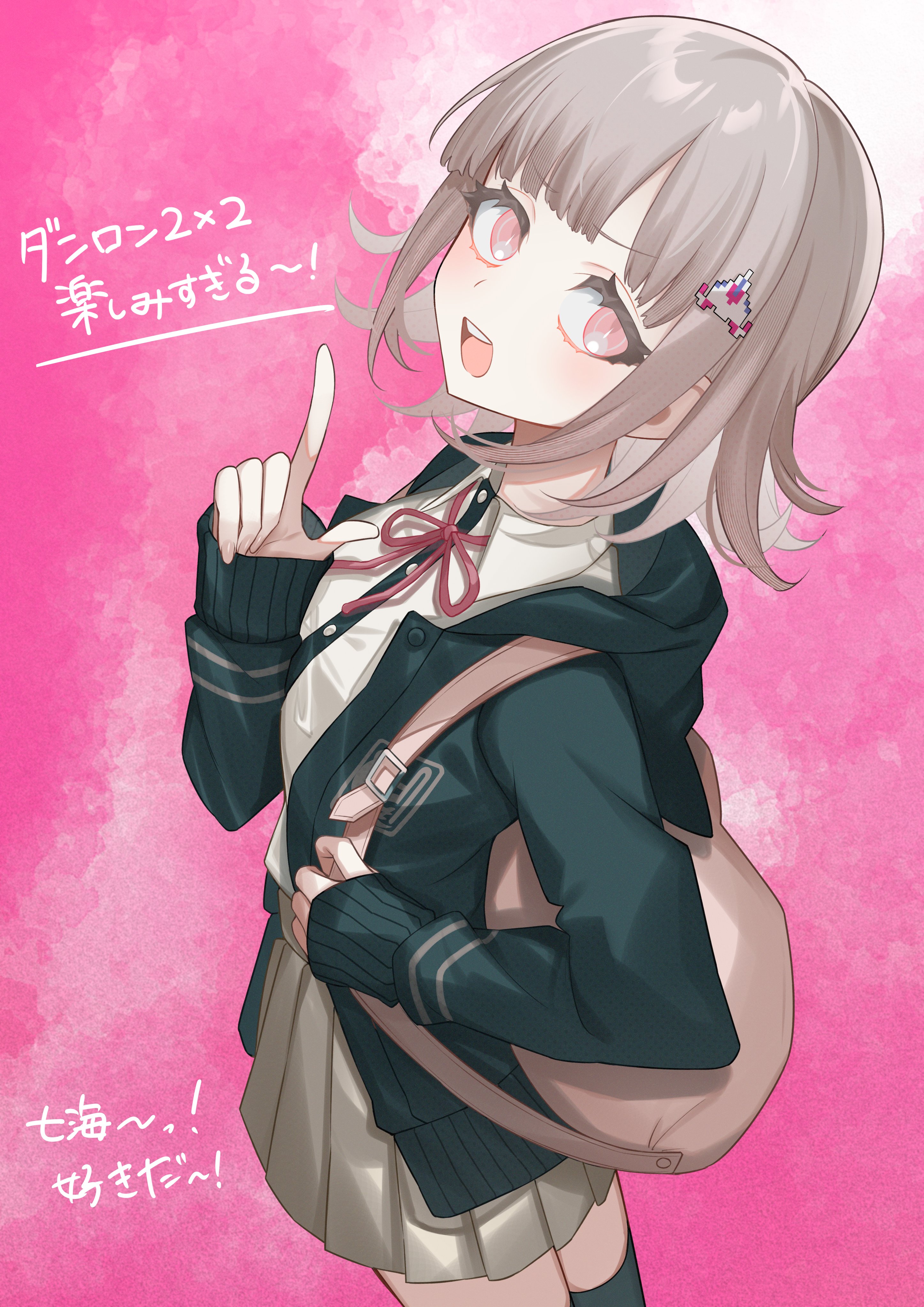 itame moyashi, nanami chiaki, danganronpa (series), danganronpa 2: goodbye despair, absurdres, highres, translation request, 1girl, :d, breasts, brown hair, collared shirt, flipped hair, from side, hair ornament, hood, index finger raised, jacket, long sleeves, looking at viewer, medium hair, neck ribbon, open clothes, open jacket, open mouth, pink background, pink eyes, pink ribbon, pleated skirt, ribbon, shirt, skirt, smile, solo, teeth, thighhighs, upper teeth only, white background, white shirt, zettai ryouiki