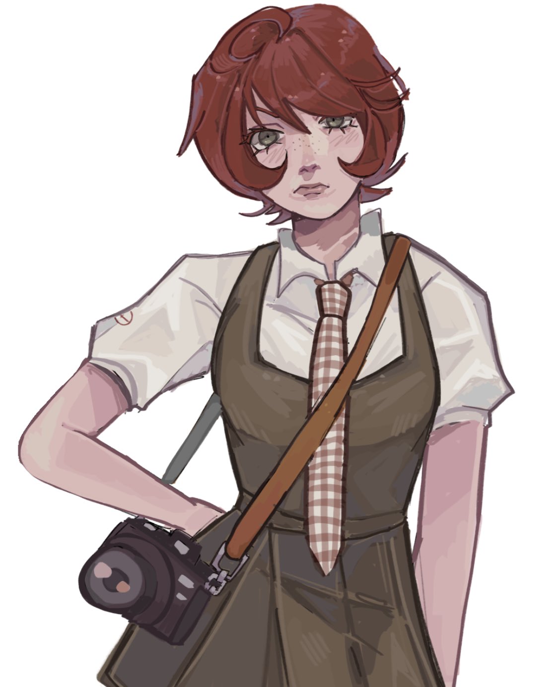 koizumi mahiru, danganronpa (series), danganronpa 2: goodbye despair, highres, 1girl, brown eyes, camera, closed mouth, dress, freckles, green dress, lyssist (midorism), pinafore dress, red hair, shirt, short hair, short sleeves, simple background, sleeveless, sleeveless dress, solo, white background, white shirt