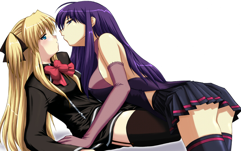 rabisuke, malariya, shalon, quiz magic academy, 2girls, ass, blonde hair, blue eyes, blush, breasts, covered erect nipples, elbow gloves, garter belt, gloves, hair ribbon, large breasts, long hair, medium breasts, multiple girls, purple hair, ribbon, small breasts, thighhighs, yuri