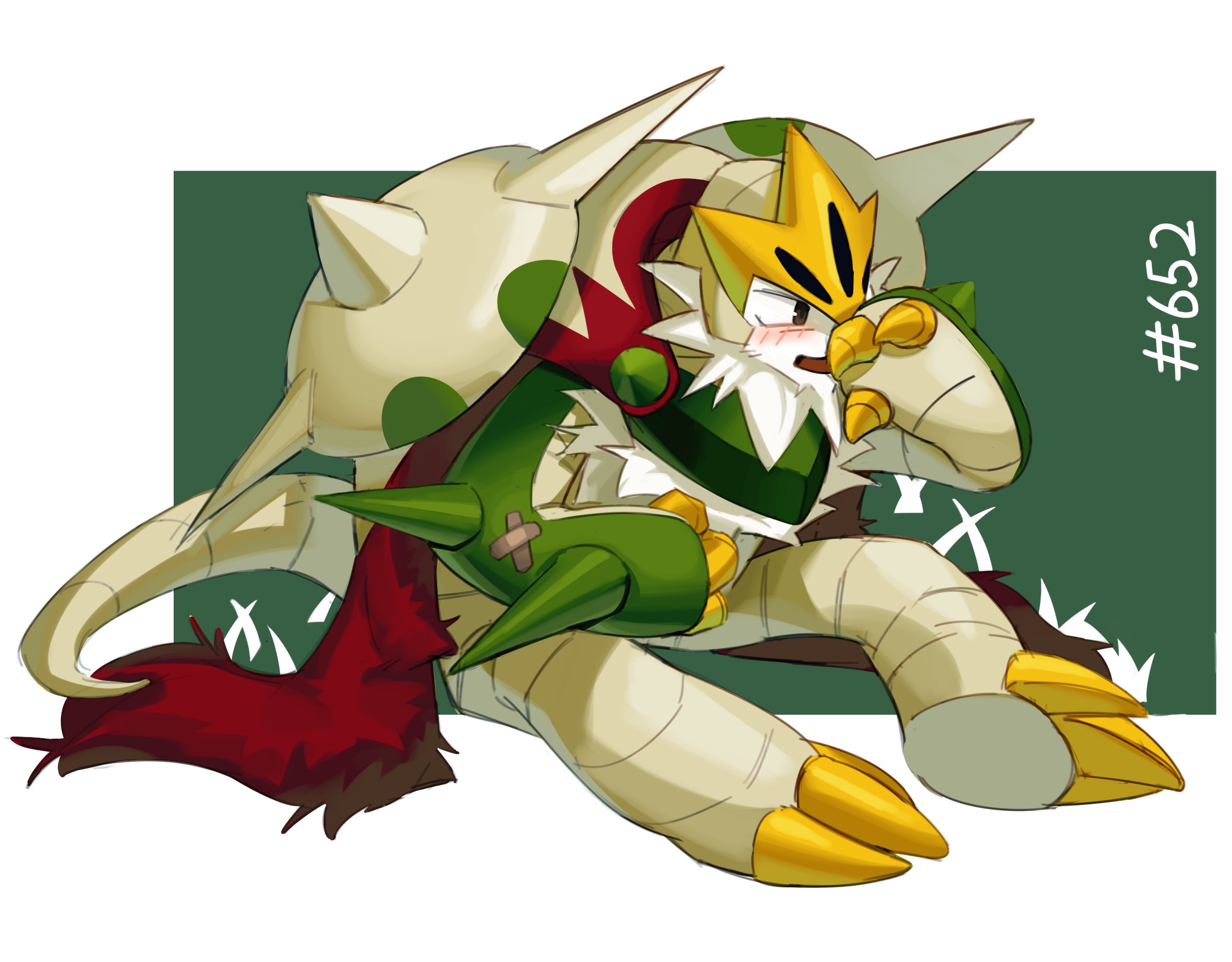 duolai8, chesnaught, mega chesnaught, nintendo, pokemon, commentary, english commentary, highres, bandaid, bandaid on arm, blush, claws, clenched hand, crossed bandaids, gen 6 pokemon, grass, looking to the side, no humans, open mouth, pokedex number, pokemon (creature), smile, tail