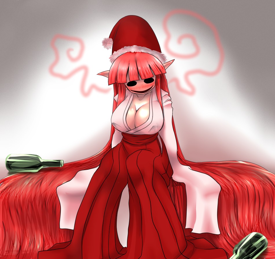 kuma (kumahoihoi), akirame miko, futaba channel, bad id, bad pixiv id, 1girl, absurdly long hair, bottle, breasts, cleavage, drunk, empty eyes, female focus, hakama, hakama skirt, hat, japanese clothes, large breasts, long hair, miko, monster girl, pointy ears, red hair, red hakama, roofies, santa hat, skirt, solo, very long hair, what, yggr, you gonna get raped