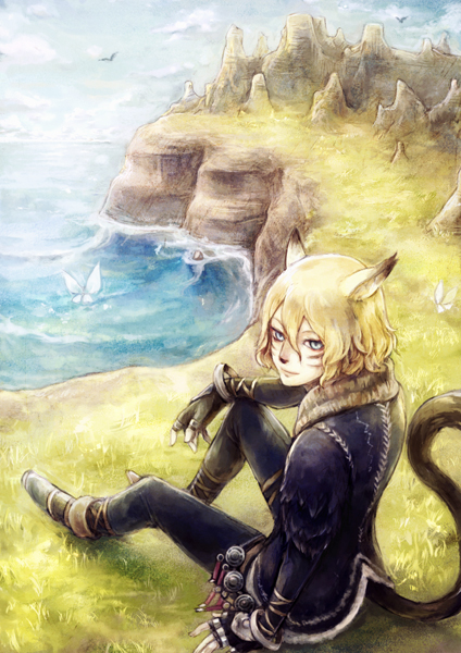 nemu (isaya), lehko habhoka, mithra (ff11), final fantasy, final fantasy xi, commentary request, 1boy, animal ears, black gloves, blonde hair, blue eyes, blue jacket, blue pants, cat boy, cat ears, cat tail, cliff, facial mark, fingerless gloves, gloves, jacket, looking at viewer, male focus, on grass, pants, short hair, sitting, smile, solo, tail, whisker markings