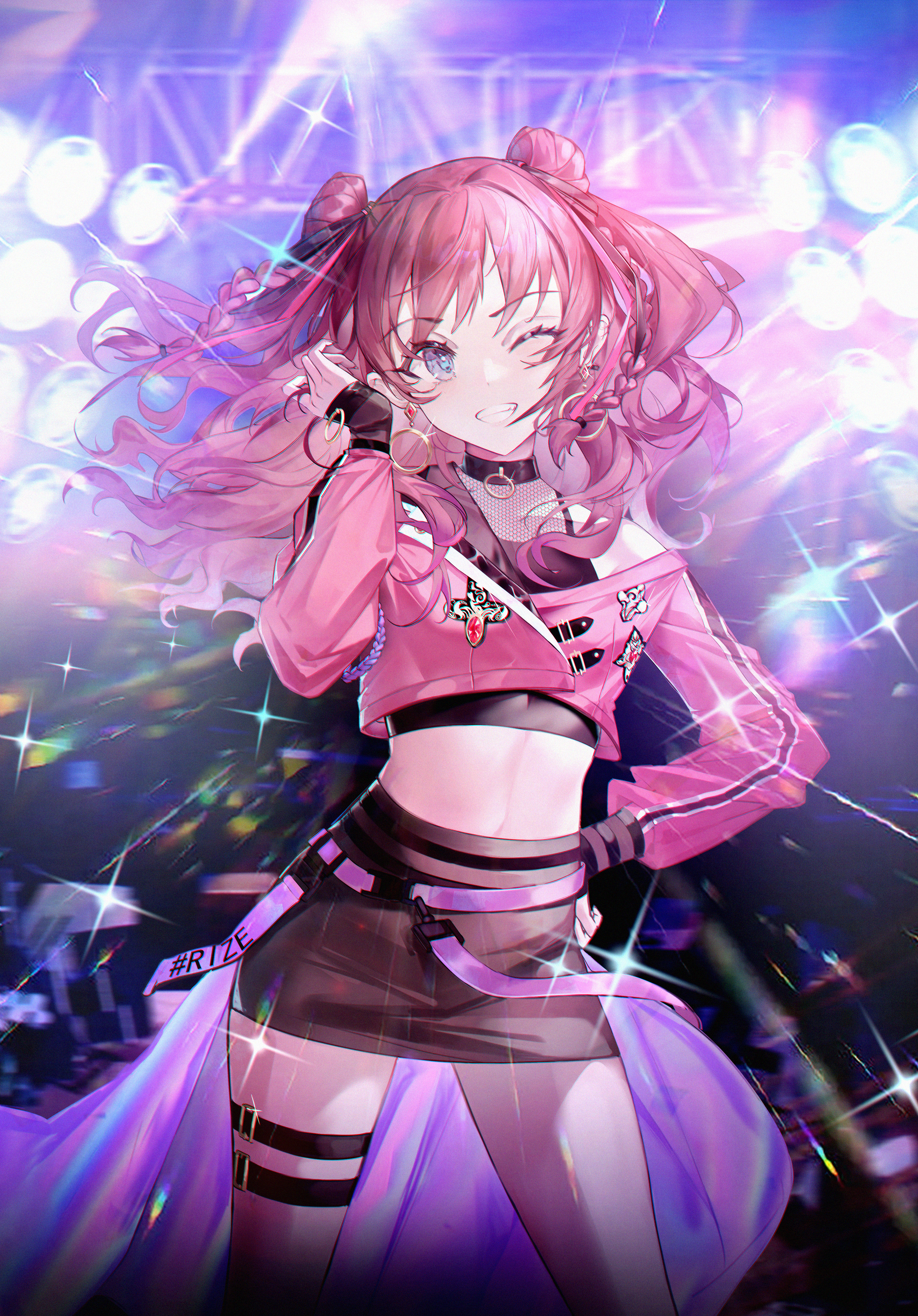 juejianyami, hanami saki, gakuen idolmaster, idolmaster, absurdres, highres, 1girl, ;d, belt, black skirt, blue eyes, braid, crop top, fighting my way (idolmaster), fingernails, grin, hand on own hip, hoop, idol clothes, jacket, linea alba, midriff, miniskirt, official alternate costume, one eye closed, open mouth, pink jacket, skirt, smile, solo, stage lights, thigh belt, thigh strap, two side up