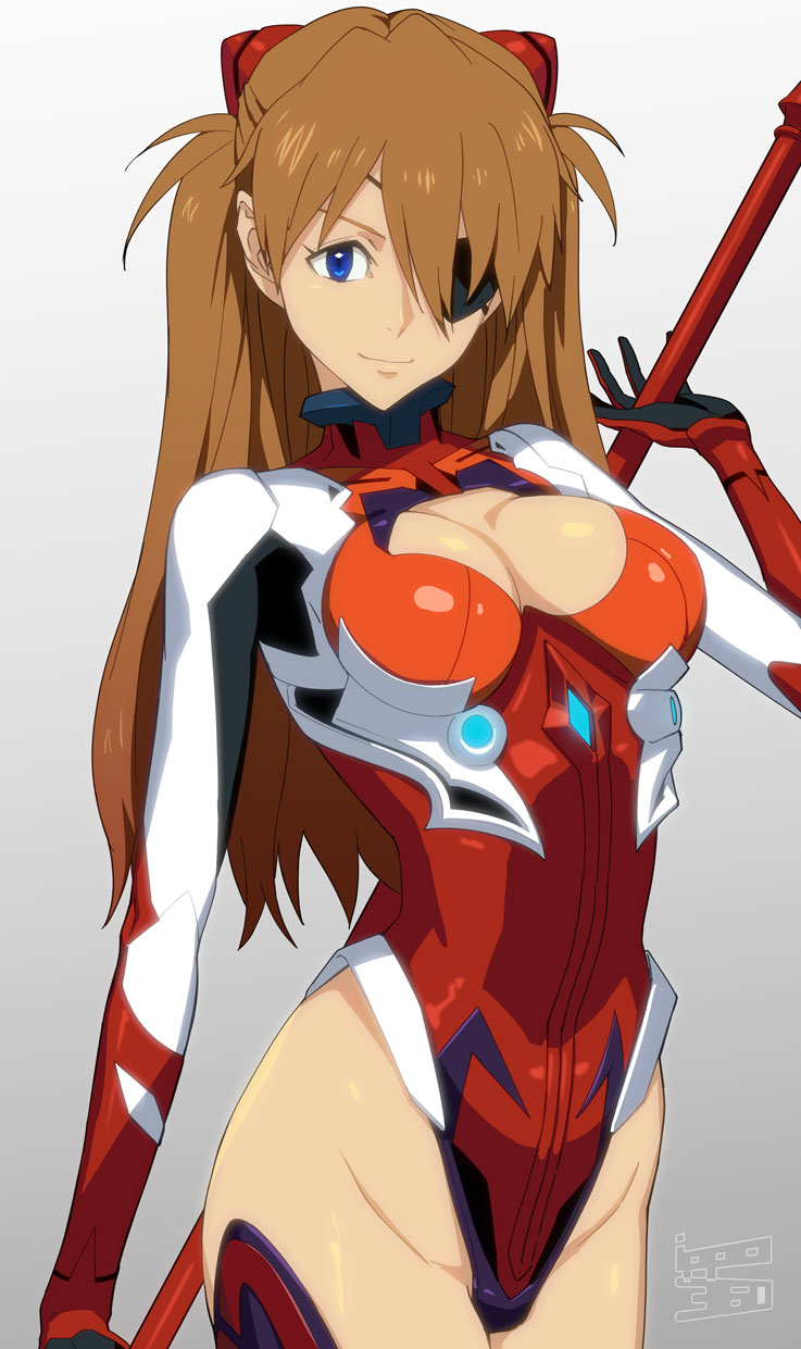 ippo, souryuu asuka langley, neon genesis evangelion, 1girl, adapted costume, blue eyes, breasts, brown hair, eyepatch, gradient background, grey background, holding, holding weapon, large breasts, long hair, mecha pilot suit, one eye covered, plugsuit (evangelion), polearm, smile, spear, weapon