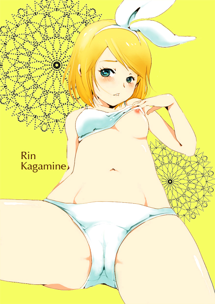 cheerpai, kagamine rin, vocaloid, bad id, bad pixiv id, 1girl, bikini, blonde hair, blush, breasts, cameltoe, female focus, hair ornament, hairclip, lingerie, navel, nipples, solo, swimsuit, underwear