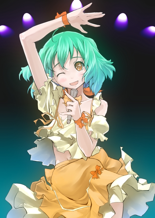 mak, ranka lee, macross, macross frontier, bad id, bad pixiv id, 00s, midriff, one eye closed, solo, wink
