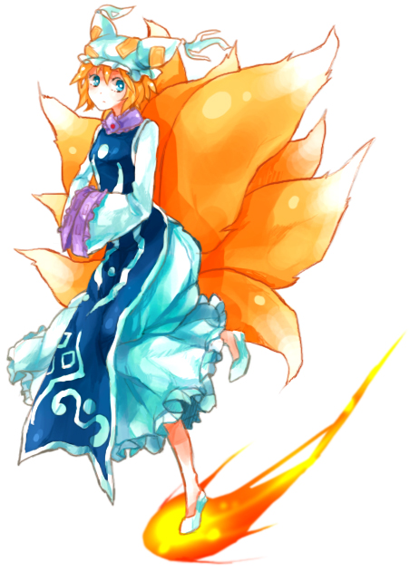dada, dada (dolce), yakumo ran, touhou, bad id, bad pixiv id, 1girl, animal ears, animal hat, blonde hair, blue eyes, dress, female focus, fox tail, full body, hands in opposite sleeves, hat, long sleeves, mob cap, multiple tails, orange hair, shoes, short hair, solo, tail, tassel, white background, wide sleeves