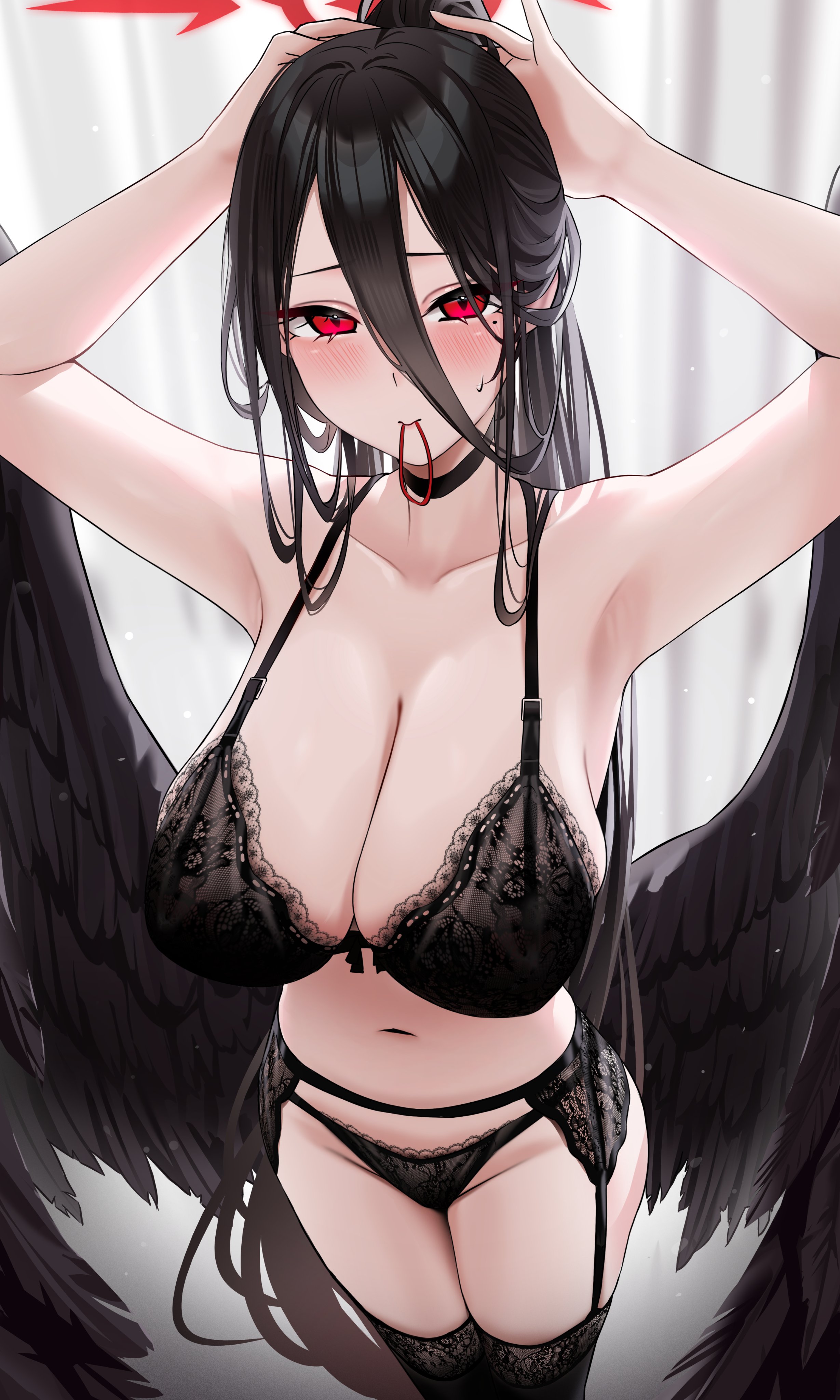 wanne, hasumi (blue archive), blue archive, absurdres, commentary, highres, symbol-only commentary, 1girl, armpits, arms behind head, arms up, black bra, black choker, black garter belt, black hair, black panties, black wings, bra, breasts, choker, cleavage, curtains, feathered wings, garter belt, groin, hair between eyes, hair tie in mouth, halo, huge breasts, indoors, lace, lace-trimmed bra, lace-trimmed garter belt, lace-trimmed panties, lace-trimmed thighhighs, lace trim, lingerie, long hair, long hair between eyes, looking at viewer, low wings, mole, mole under eye, mouth hold, navel, oversized wings, panties, ponytail, red eyes, red halo, solo, stomach, thighhighs, tying hair, underwear, underwear only, very long hair, wings