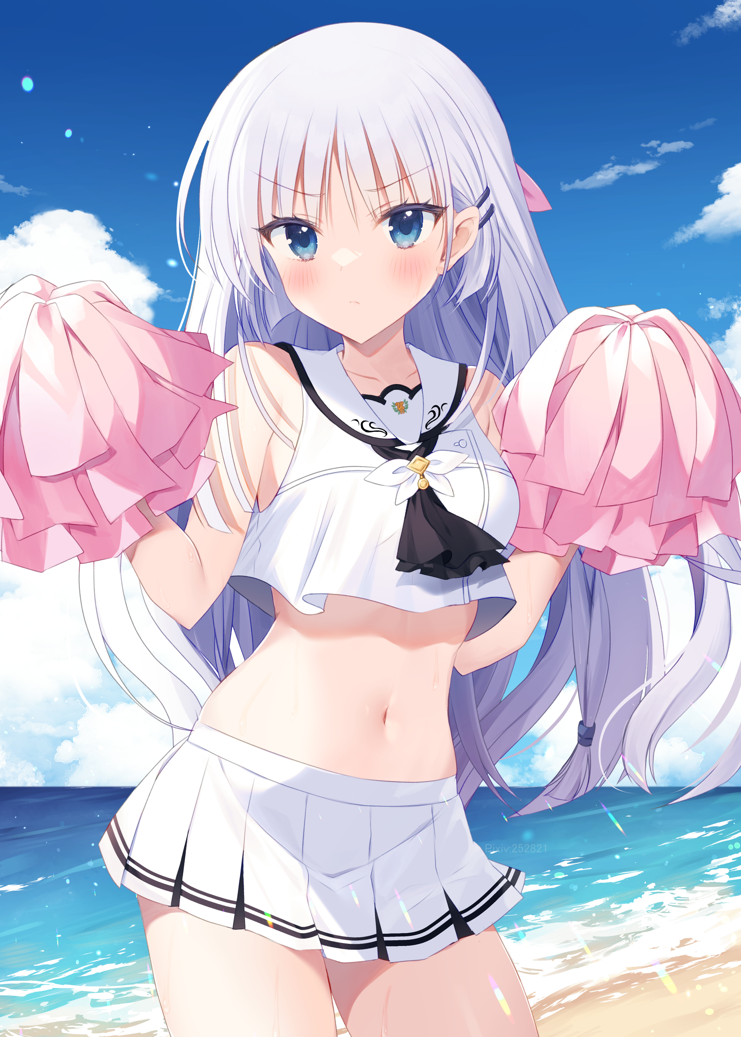 aiyan, naruse shiroha, summer pockets, absurdres, commentary request, highres, textless version, >:(, 1girl, 2023, adapted costume, ascot, bare shoulders, beach, black ascot, blue eyes, blue sky, blunt ends, blush, cheerleader, closed mouth, cloud, cowboy shot, cropped shirt, cumulonimbus cloud, dated commentary, day, eyelashes, eyes visible through hair, frown, hair behind ear, hair between eyes, hair ornament, hairclip, holding, holding pom poms, horizon, long hair, looking at viewer, miniskirt, navel, ocean, outdoors, parallel hairclips, pleated skirt, pom pom (cheerleading), pom poms, sailor collar, sand, school uniform, serafuku, shirt, shore, sidelocks, skirt, sky, sleeveless, sleeveless shirt, solo, stomach, straight hair, summer pockets school uniform, v-shaped eyebrows, very long hair, w arms, water, white hair, white sailor collar, white serafuku, white shirt, white skirt