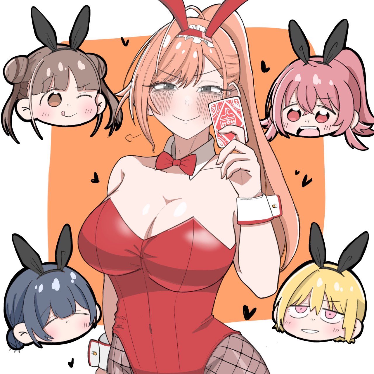 arisugawa natsuha, idolmaster, idolmaster shiny colors, commentary request, highres, 5girls, ;q, = =, ahoge, animal ear hairband, animal ears, black hair, blonde hair, blush, bow, bowtie, breasts, brown hair, brown pantyhose, card, chinchoge (vgwe8738), cleavage, detached collar, fake animal ears, fishnet pantyhose, fishnets, frilled hairband, frills, hairband, heart, high ponytail, holding, holding card, houkago climax girls (idolmaster), large breasts, leotard, looking at viewer, multiple girls, official alternate costume, one eye closed, orange hair, pantyhose, playboy bunny, ponytail, puff of air, rabbit ear hairband, rabbit ears, red bow, red bowtie, red eyes, red leotard, smile, strapless, strapless leotard, tongue, tongue out, wrist cuffs