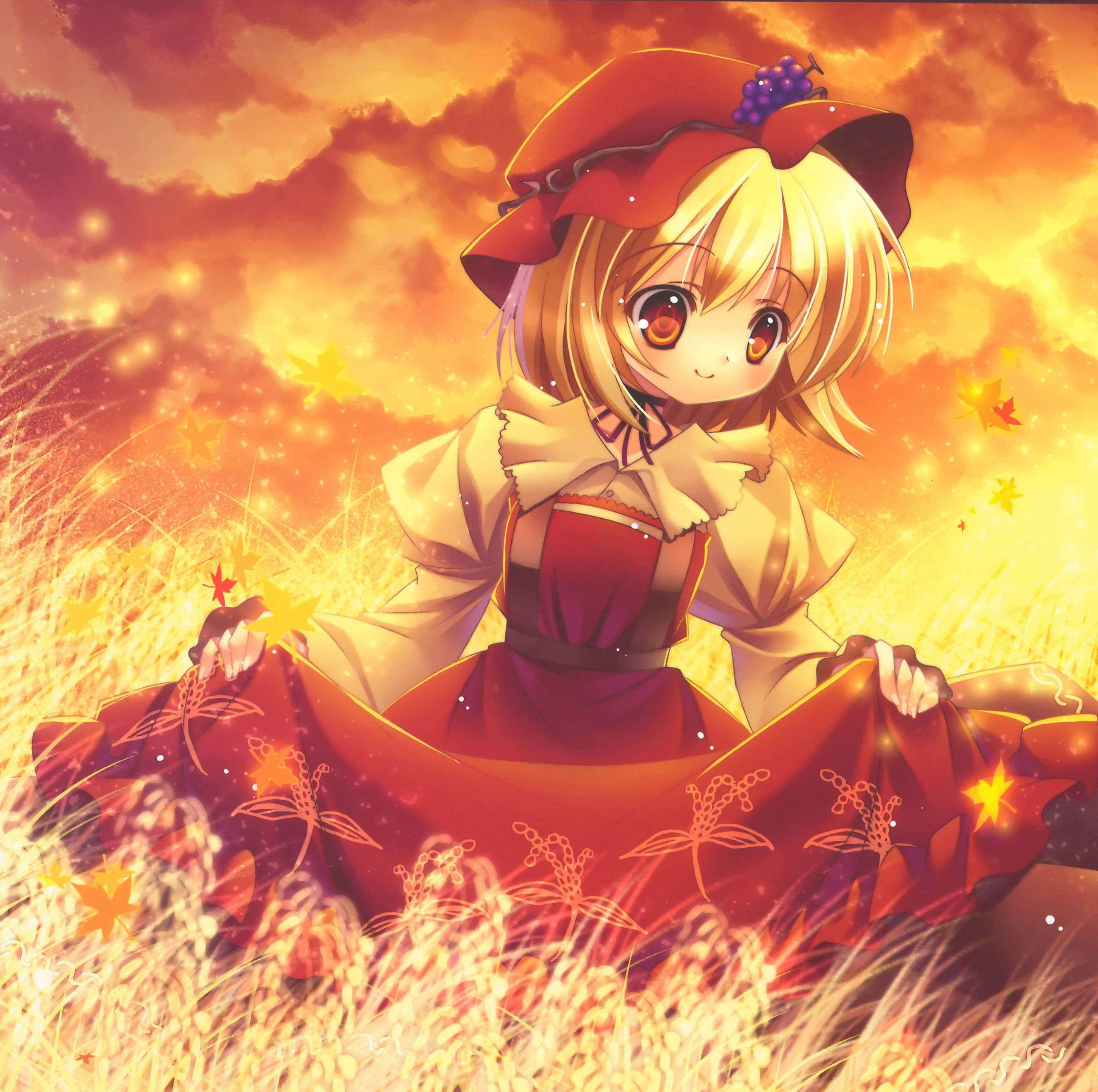 capura lin, aki minoriko, touhou, absurdres, highres, 1girl, apron, autumn, black ribbon, black skirt, blonde hair, choker, cloud, dress, female focus, food, food-themed hair ornament, fruit, grapes, grass, hair ornament, hat, juliet sleeves, leaf, long sleeves, nature, orange eyes, outdoors, plant, puffy sleeves, ribbon, ribbon choker, short hair, skirt, skirt hold, sky, smile, solo, wheat
