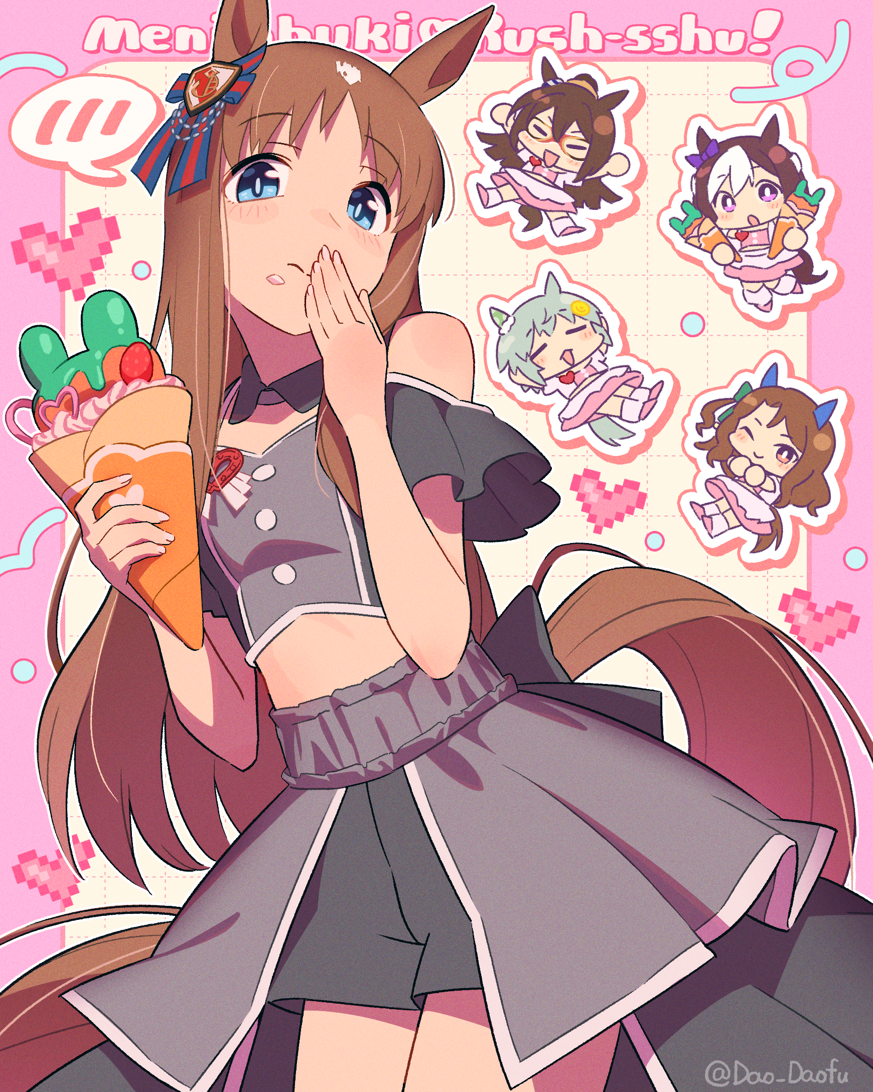 teddy (takarada), el condor pasa (umamusume), grass wonder (umamusume), king halo (umamusume), seiun sky (umamusume), special week (umamusume), umamusume, commentary, highres, 5girls, :d, :o, ;), bare shoulders, black shorts, black sleeves, blue eyes, brown hair, chibi, closed mouth, cowboy shot, crepe, detached sleeves, food, golden generation (umamusume), holding, holding food, long hair, meni shuki rush-sshu!, multiple girls, one eye closed, open mouth, shirt, short sleeves, shorts, sleeveless, sleeveless shirt, smile