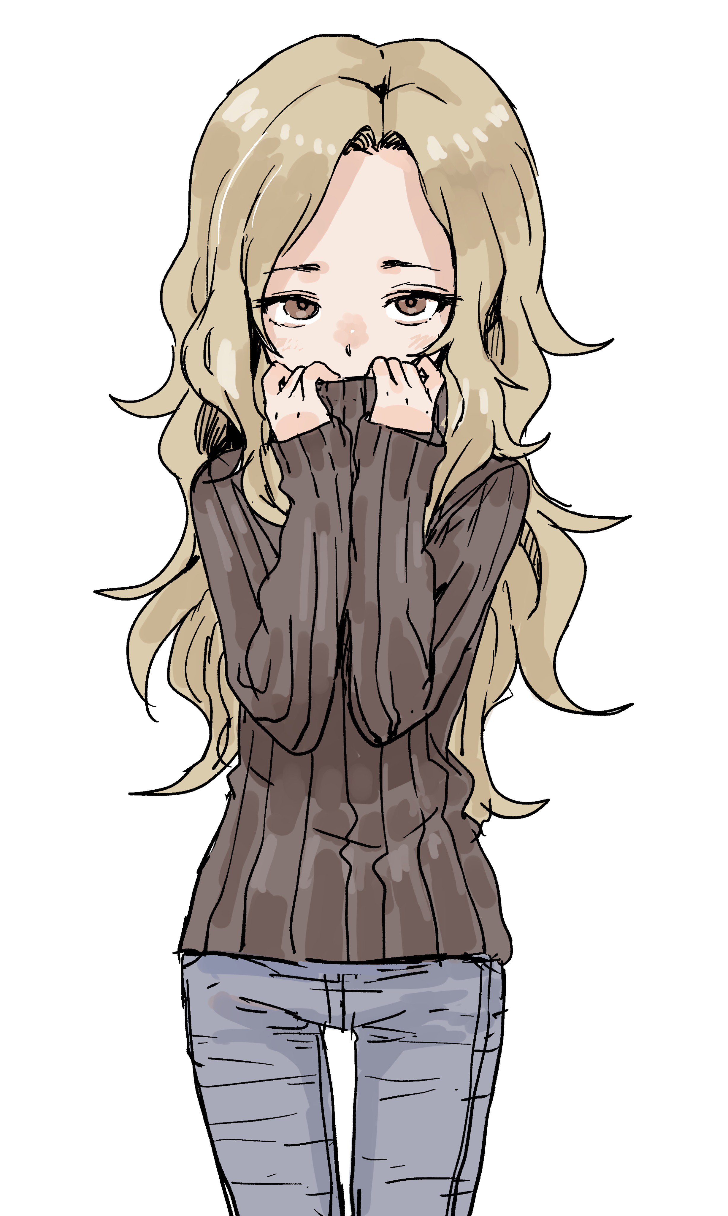 yamamoto souichirou, original, absurdres, highres, 1girl, blonde hair, brown eyes, covering own mouth, hands up, jaggy lines, lifting own clothes, long hair, looking at viewer, ribbed sweater, solo, straight-on, sweater, thigh gap, turtleneck, turtleneck sweater, white background