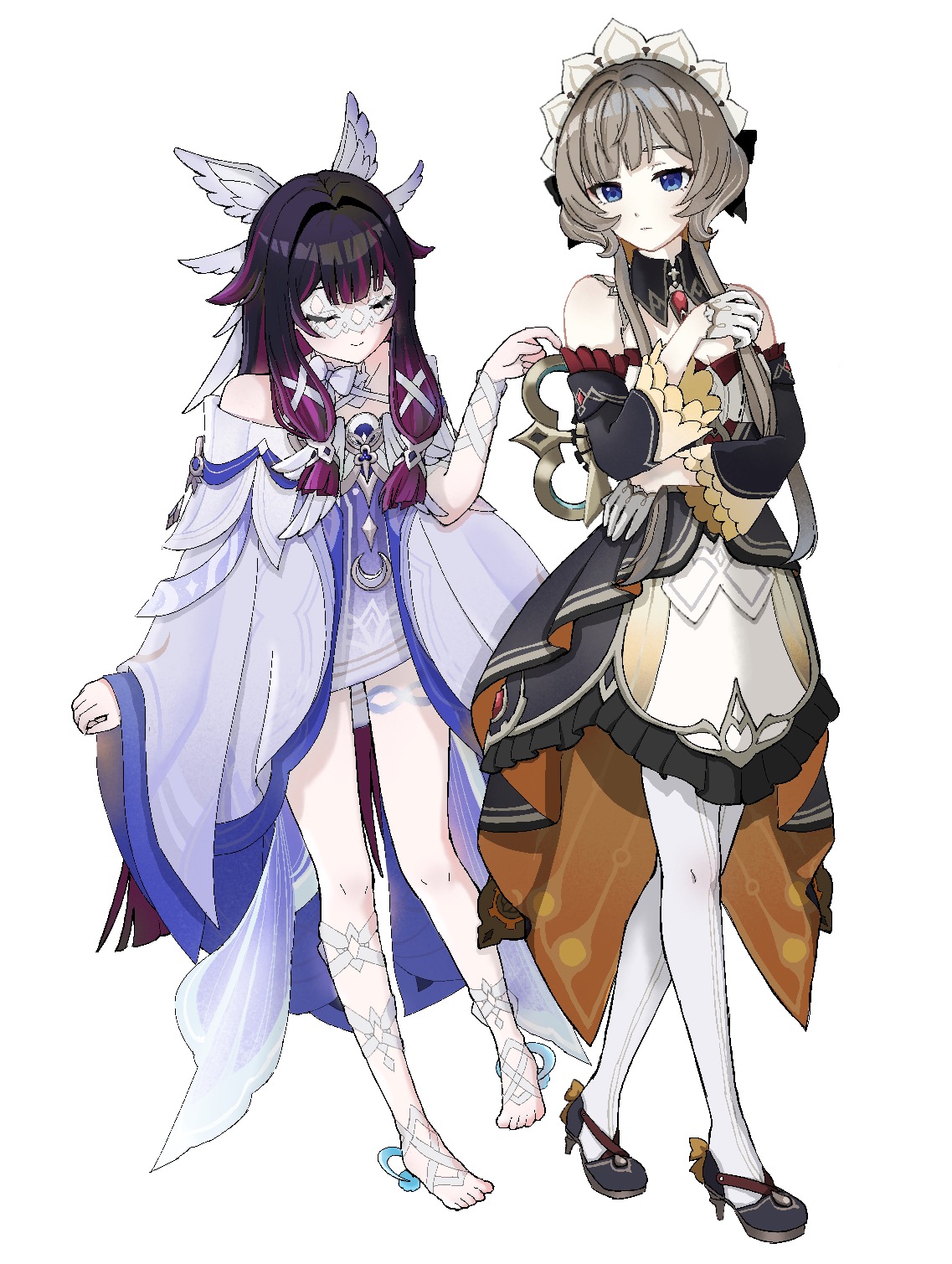 columbina (genshin impact), sandrone (genshin impact), genshin impact, chinese commentary, commentary request, highres, 2girls, bare legs, bare shoulders, black hair, black shoes, blue eyes, closed eyes, dress, grey hair, hair intakes, head wings, long hair, multicolored hair, multiple girls, off-shoulder dress, off shoulder, pantyhose, purple hair, shoes, simple background, smile, standing, streaked hair, tiebangongfu, very long hair, white background, white dress, white pantyhose, wings